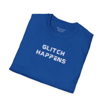 Folded blue t-shirt with 'GLITCH HAPPENS' text 