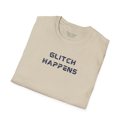 Folded beige t-shirt with 'GLITCH HAPPENS' text 
