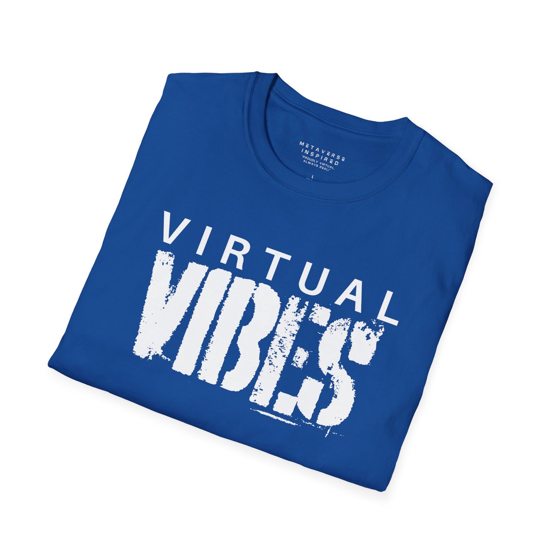 folded virtual vibes blue t-shirt by metaverseinspired.com