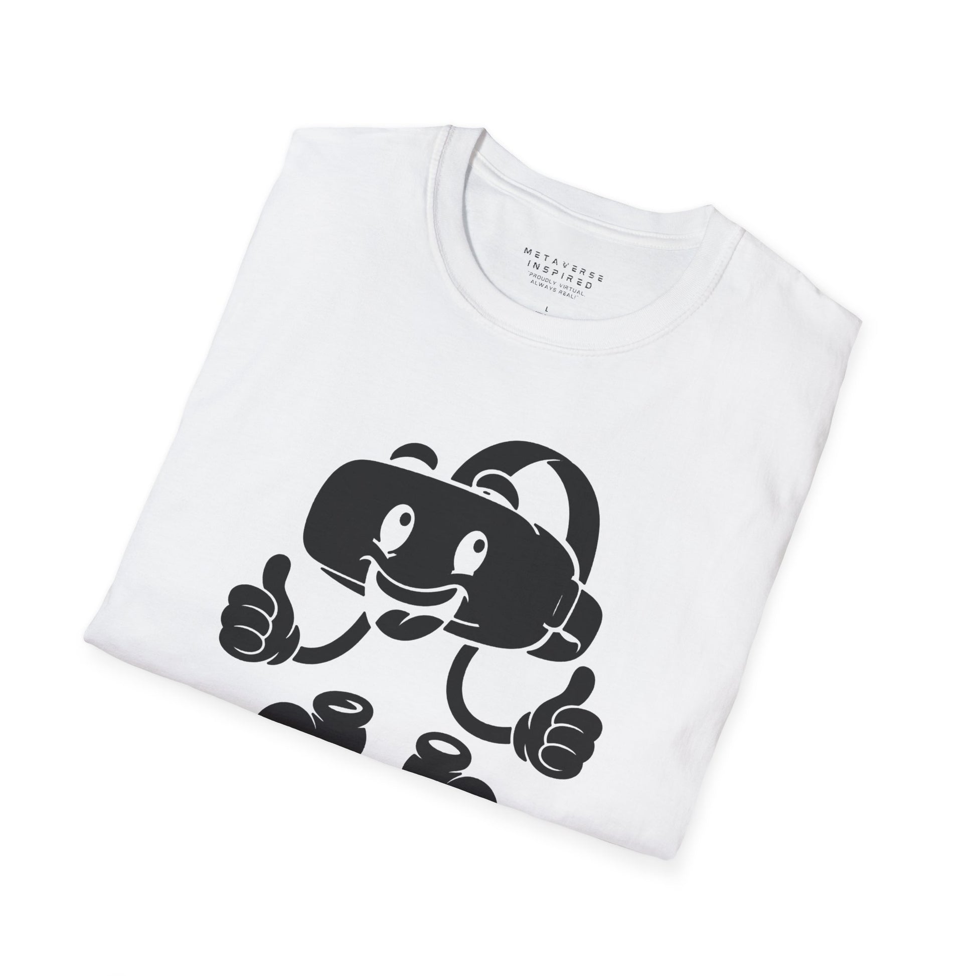 folded white t-shirt with a graphic of a vr headset character design by metaverse inspired