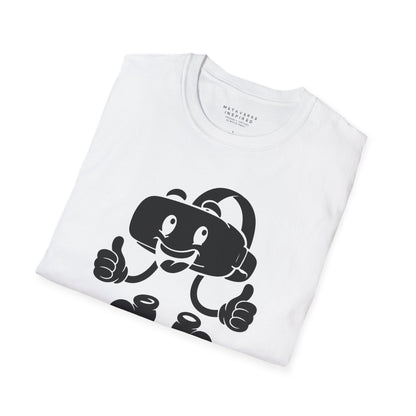 folded white t-shirt with a graphic of a vr headset character design by metaverse inspired
