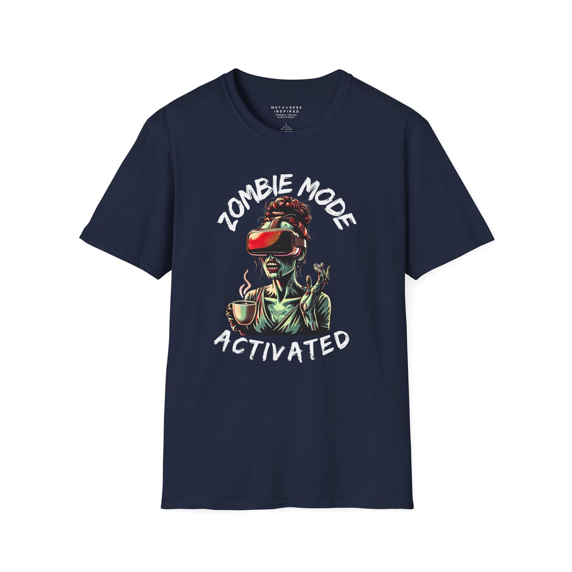 front of navy zombie mode activated metaverse inspired shirt