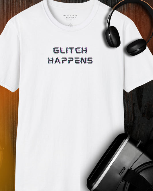 White t-shirt with 'GLITCH HAPPENS' text, black headphones, and a vr headset on a wooden surface