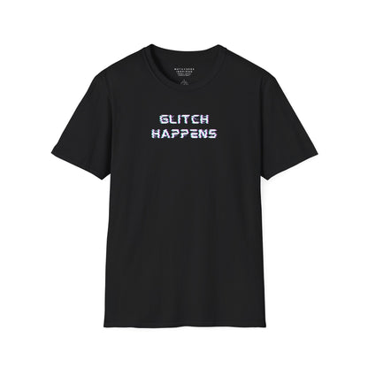 black tshirt with glitchy font that says glitch happens