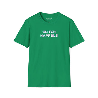 green tshirt with glitchy font that says glitch happens