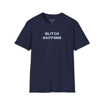 navy tshirt with glitchy font that says glitch happens