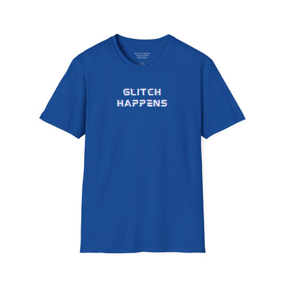 blue tshirt with glitchy font that says glitch happens