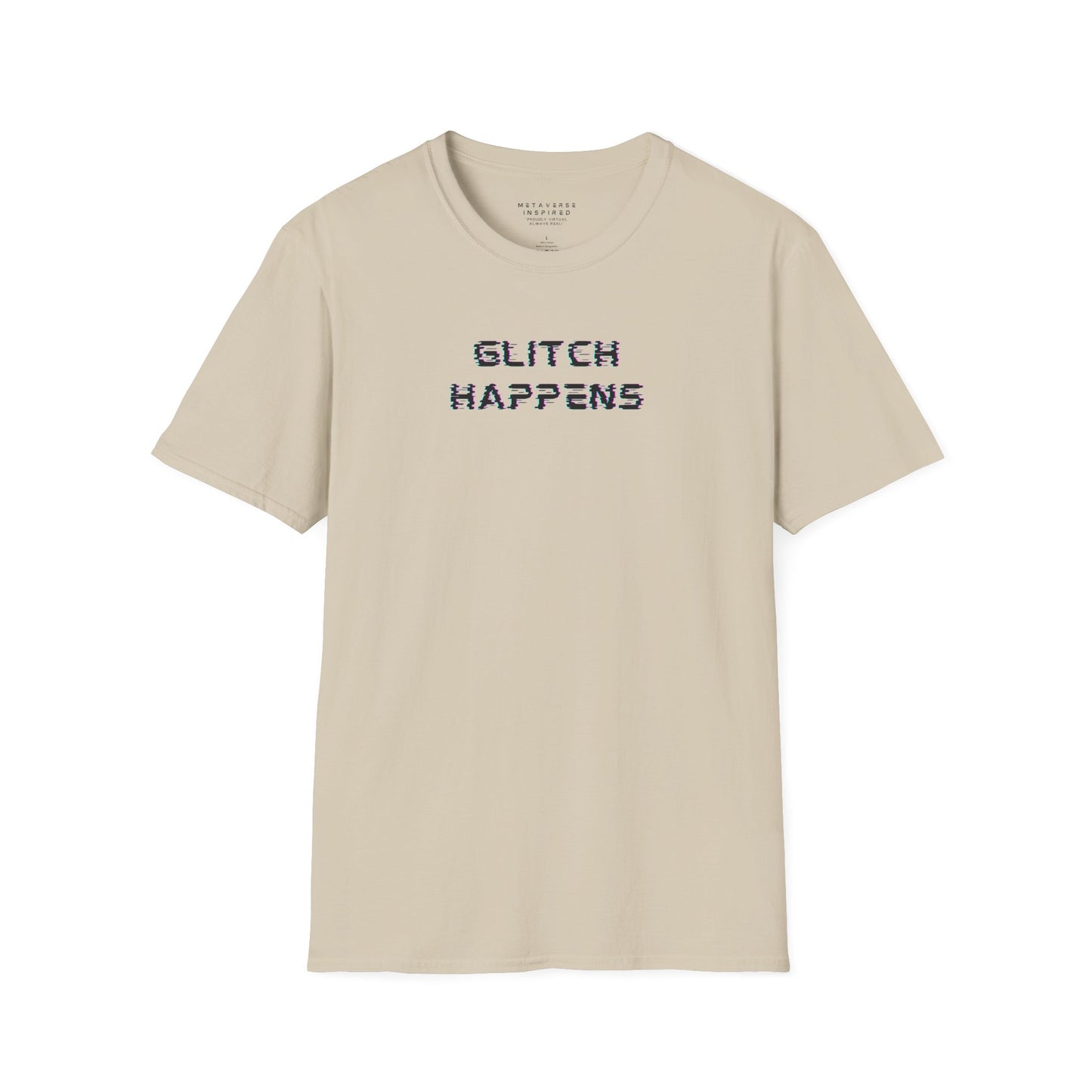beige tshirt with glitchy font that says glitch happens