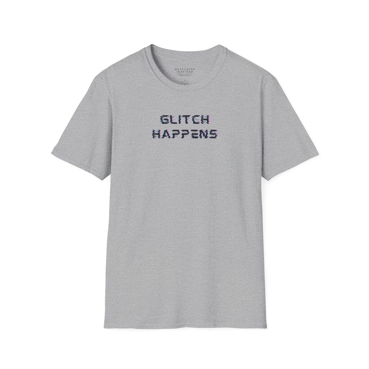 grey tshirt with glitchy font that says glitch happens