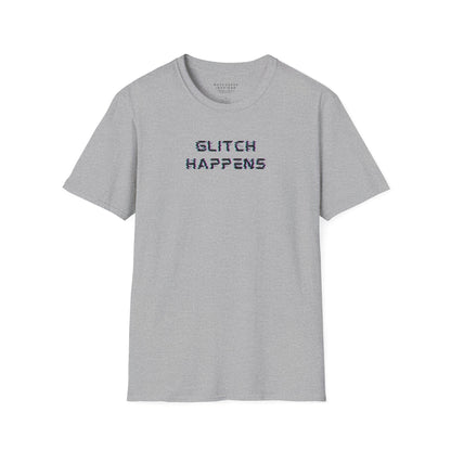 grey tshirt with glitchy font that says glitch happens
