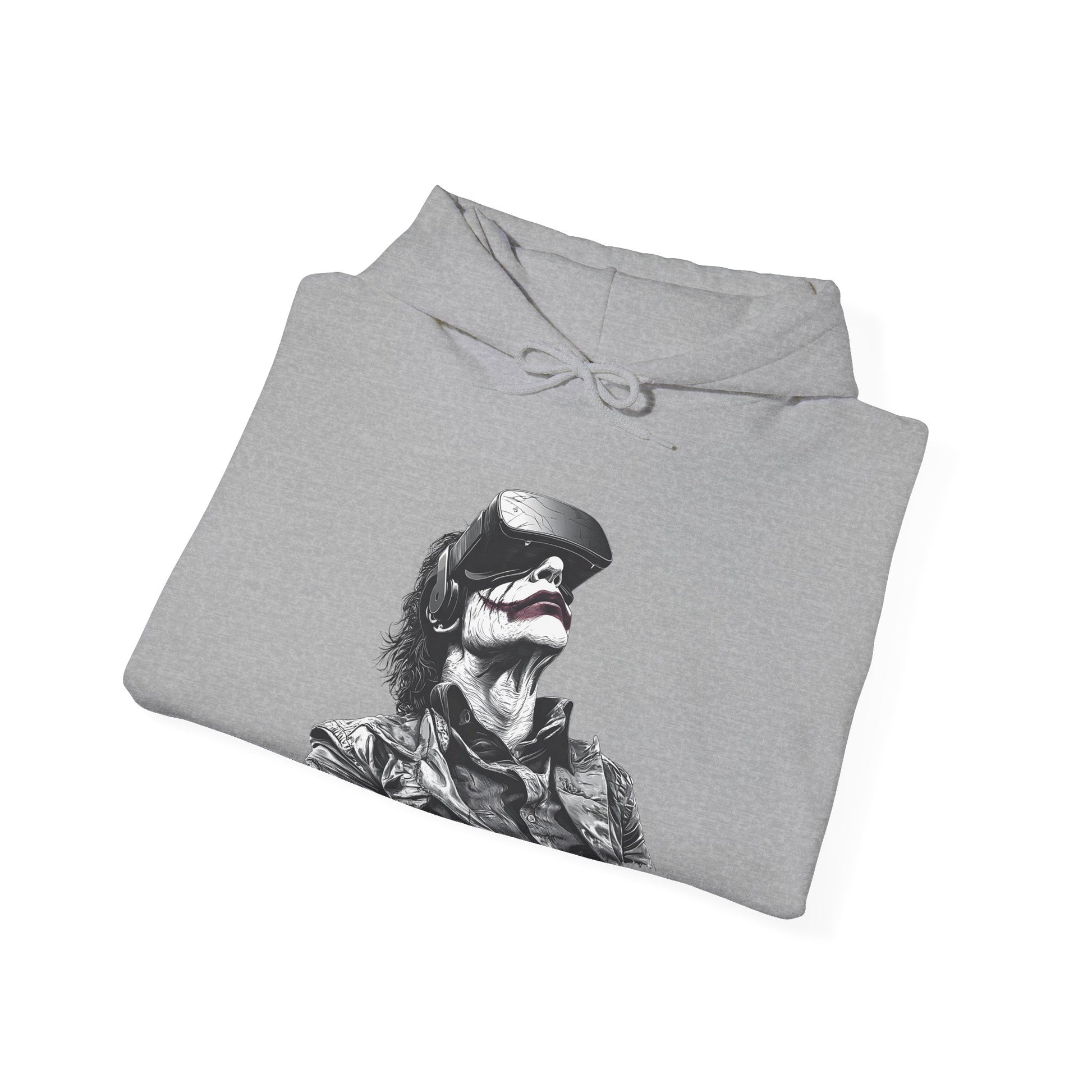 gray hoodie folded with a joker styled graphic wearing a vr headset graphic