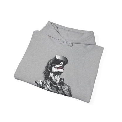 gray hoodie folded with a joker styled graphic wearing a vr headset graphic