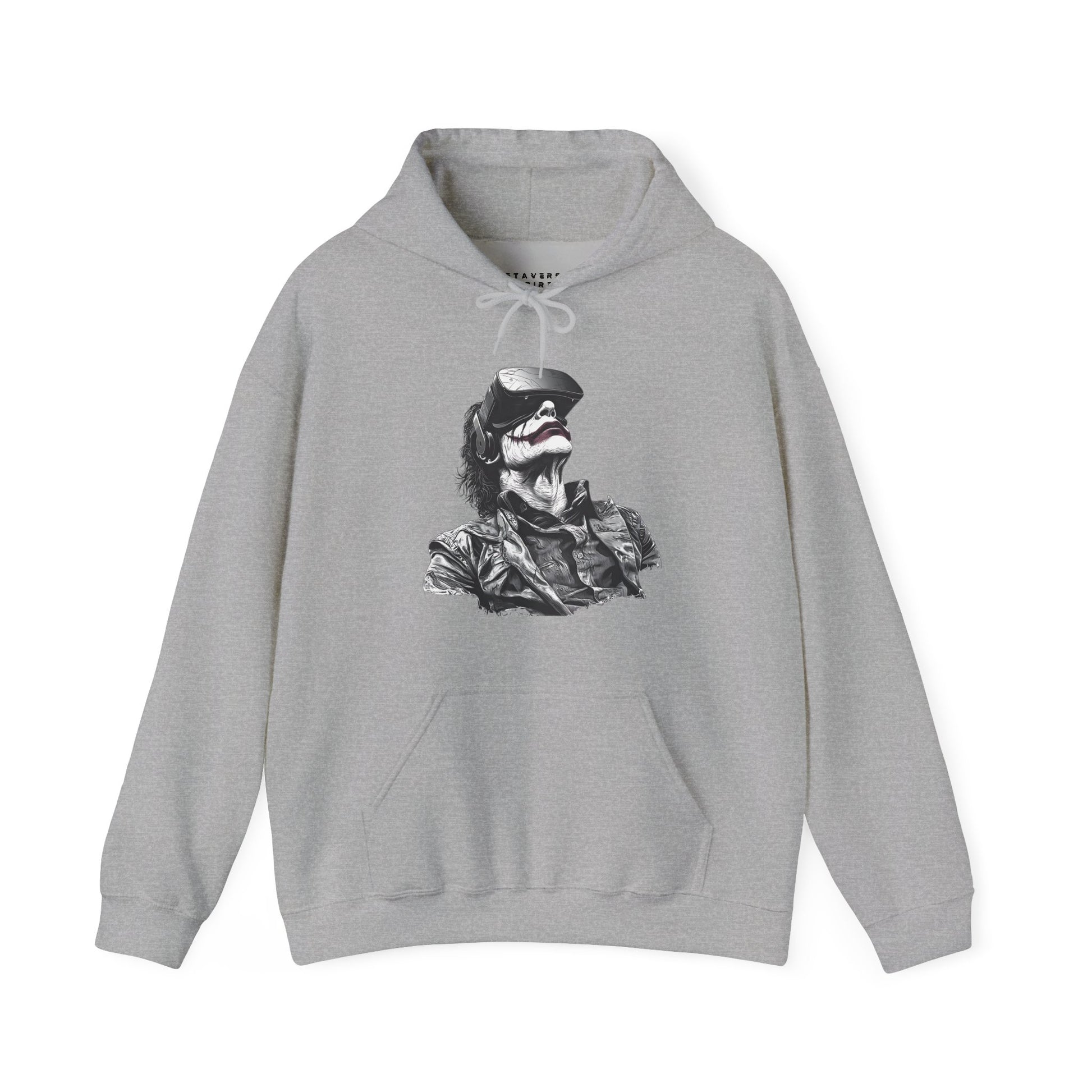 Grey hoodie with a joker styled graphic wearing a vr headset graphic