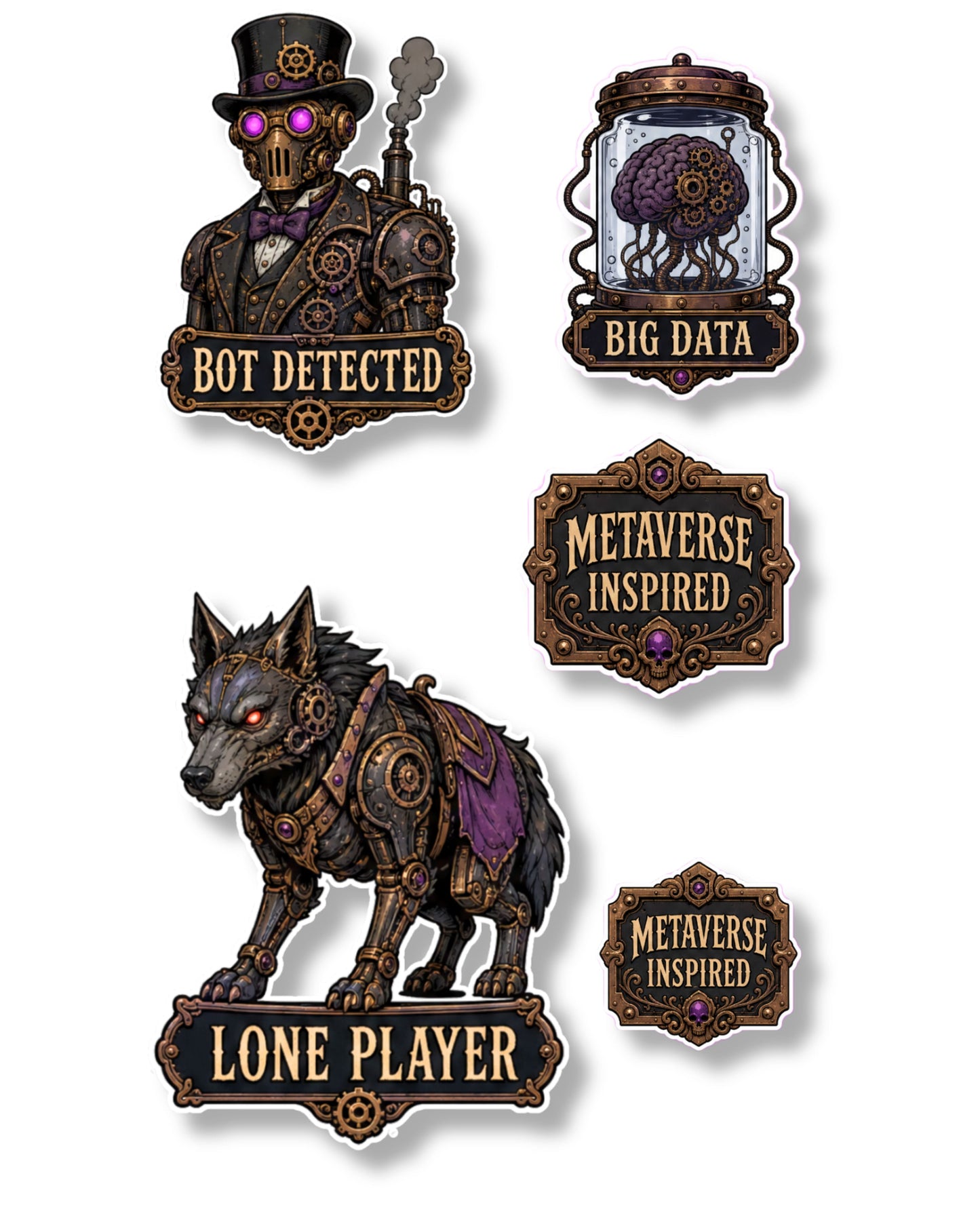 14 Steampunk-Style Stickers Pack 1 (3 Sheets)