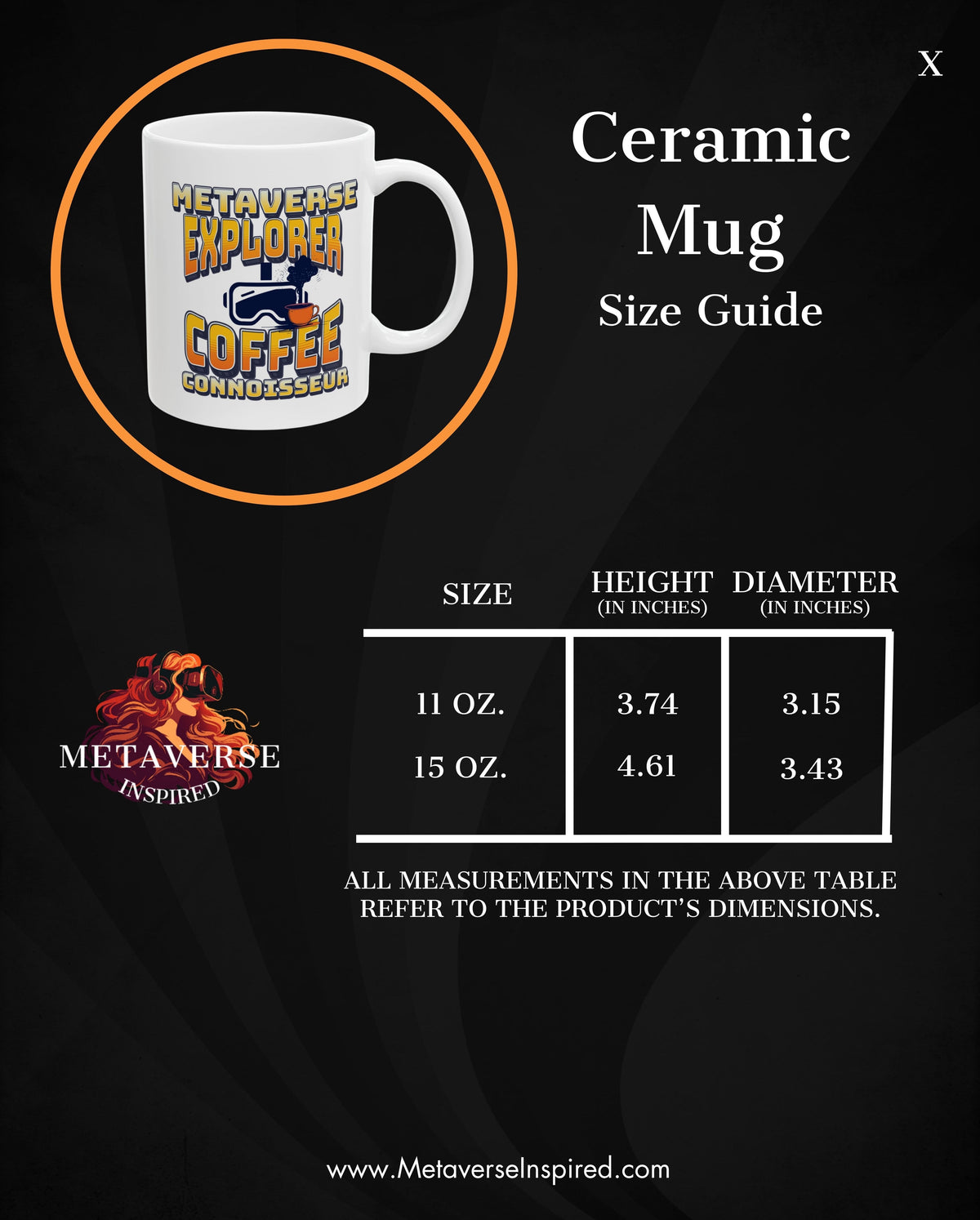 Size chart for Metaverse Explorer Coffee Connoisseur | Mug