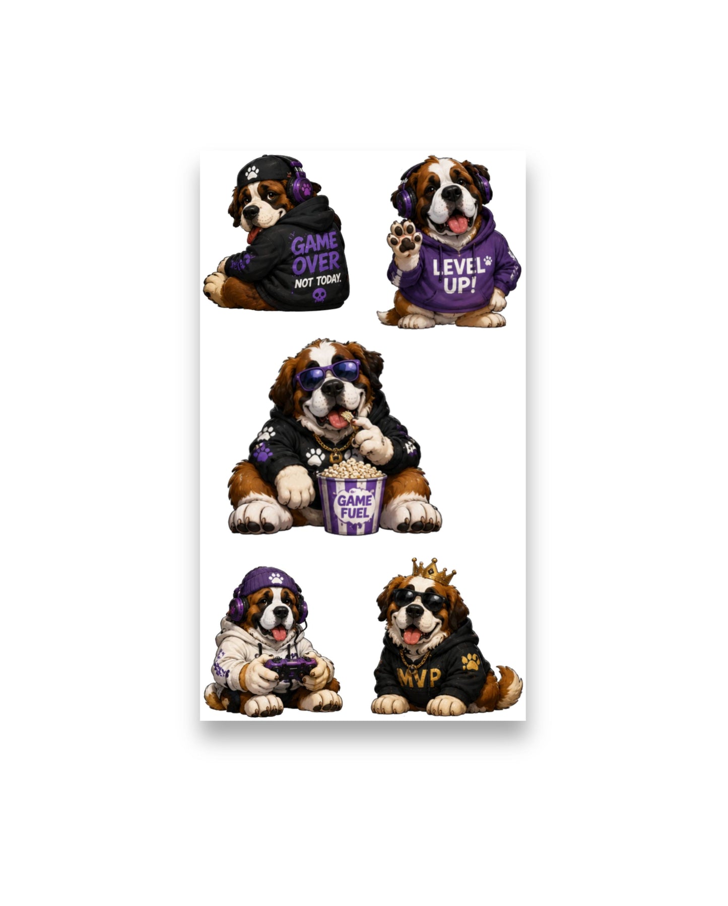 Saint Bernard Gamer Sticker Pack | 11 Gaming Dog Stickers (2 Sheets)