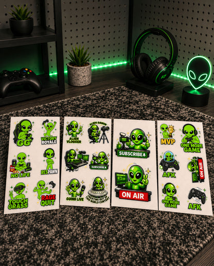 Alien Gamer & Creator Sticker Pack | 24 Gaming & Content Creator Stickers (4 Sheets)