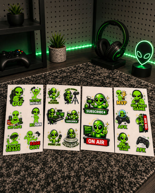 Alien Gamer & Creator Sticker Pack | 24 Gaming & Content Creator Stickers (4 Sheets)
