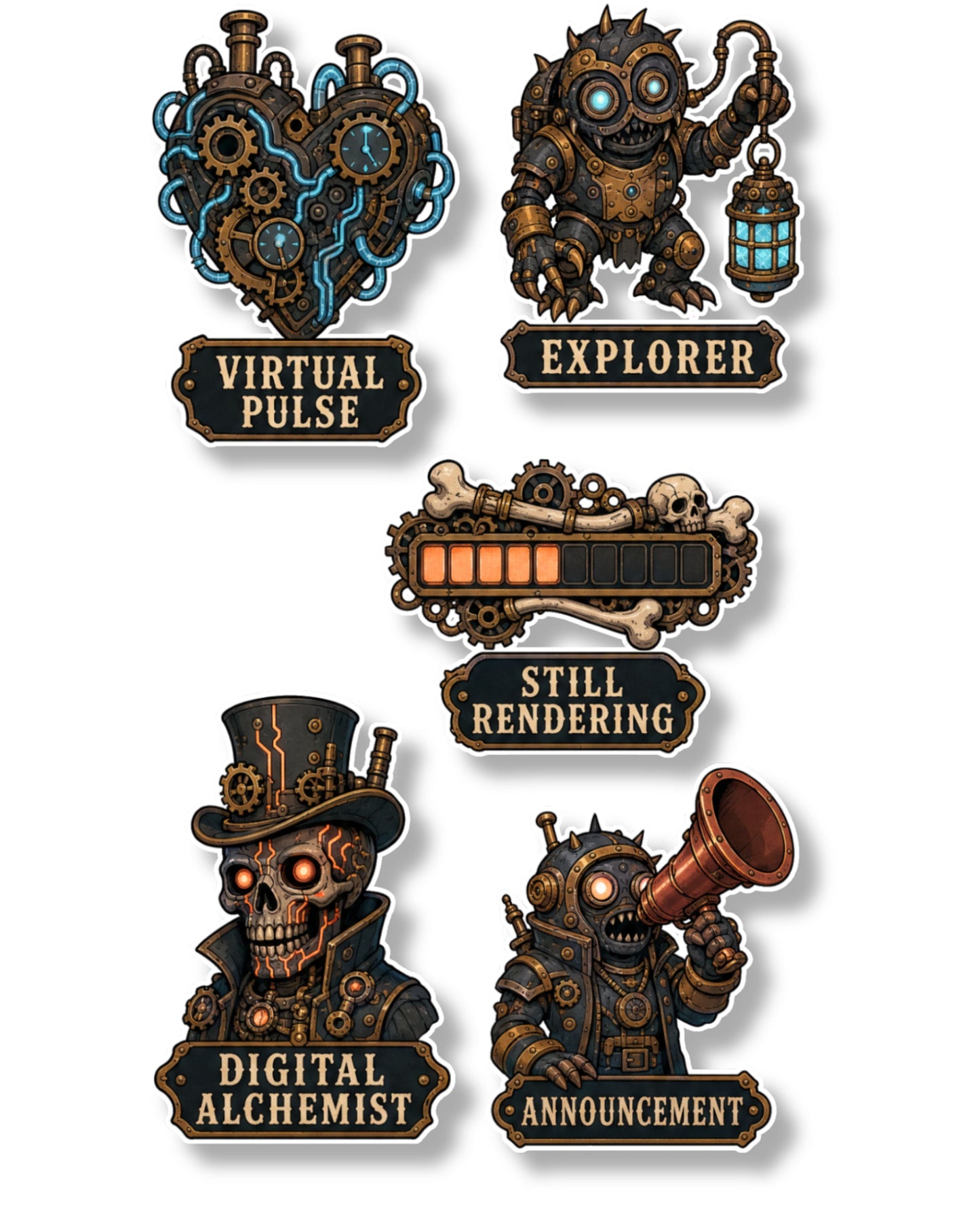 14 Steampunk-Style Stickers Pack 2 (3 Sheets)