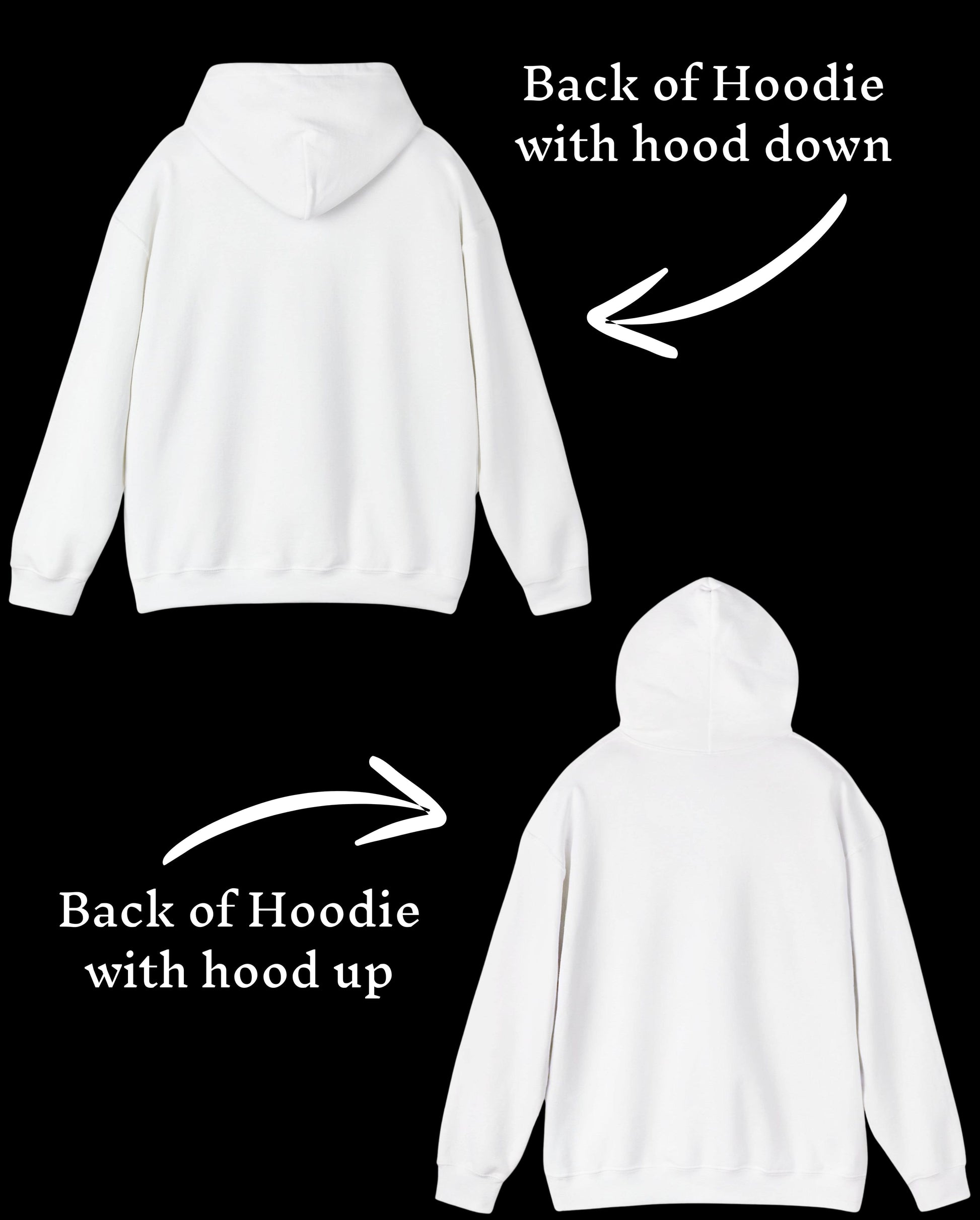 White hoodie shown from the back with hood down and up
