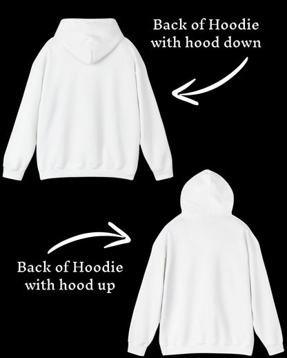 White hoodie shown from the back with hood down and up
