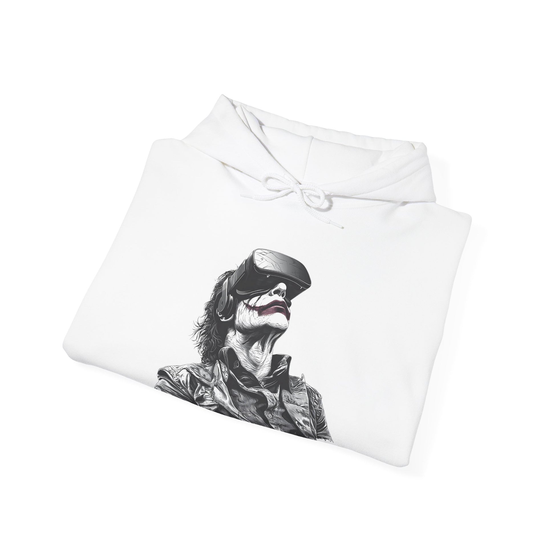 white_hoodie_folded_with_a_joker_styled_graphic_wearing_a_vr_headset_graphic_from_metaverse_inspired
